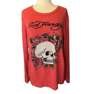 ED HARDY Christian Audigier XL Long Sleeve Waffle ShirtSkull & Roses Tattoo Y2K